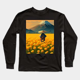 Journey To Mount Fuji - Samurai and Wildflower Impressionism Long Sleeve T-Shirt